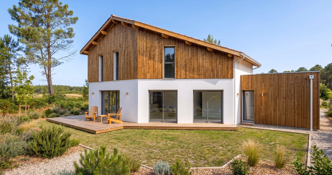 Façade avant d'une maison à étage avec bardage bois à l'étage, enduit blanc, terrasse en bois et jardin.