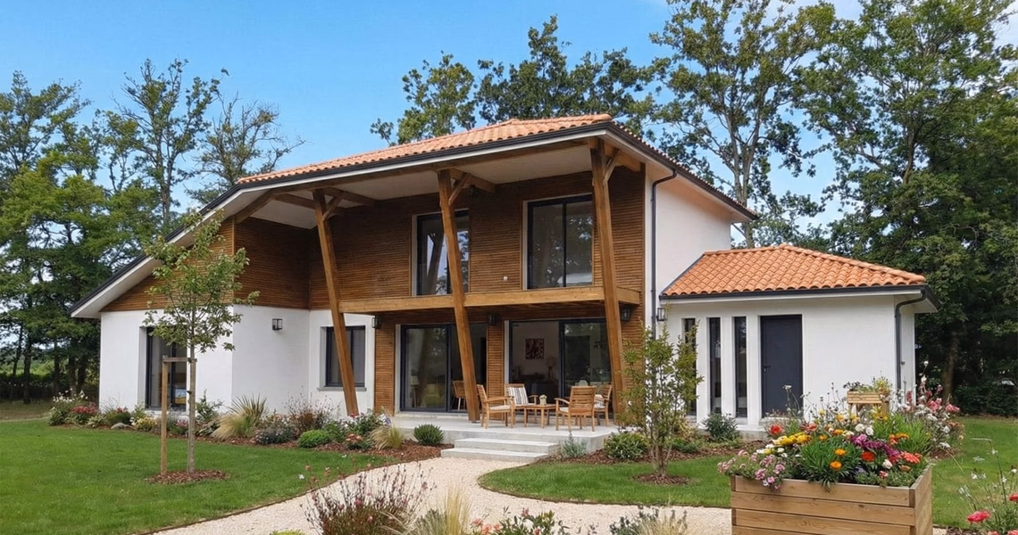 Maison individuelle à étage avec bardage bois, toiture en tuiles et terrasse aménagée dans les Landes.