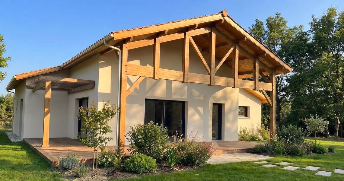 Façade de la maison de plain-pied avec grande charpente en bois apparente et terrasse en bois.