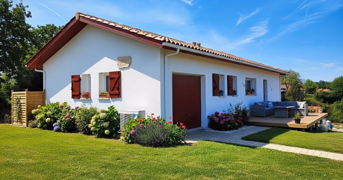 Maison de plain-pied blanche à volets rouges avec terrasse en bois et jardin arboré.