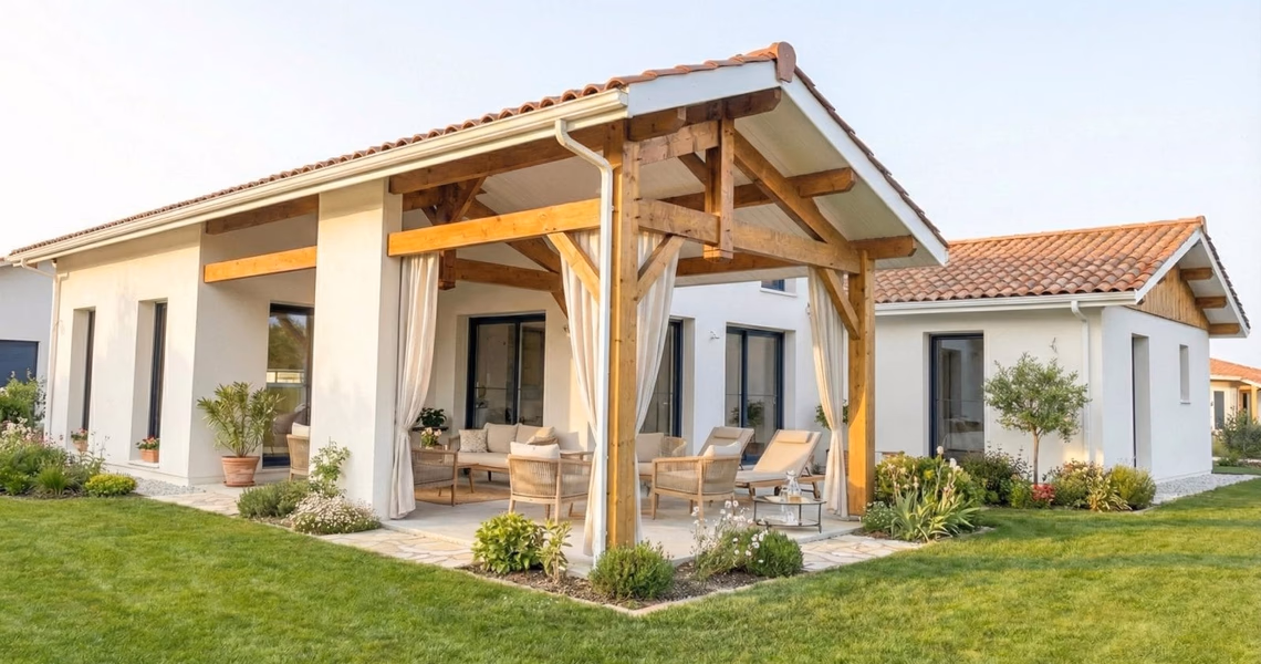 Façade de maison de plain-pied avec terrasse couverte en bois, salon de jardin et pelouse.
