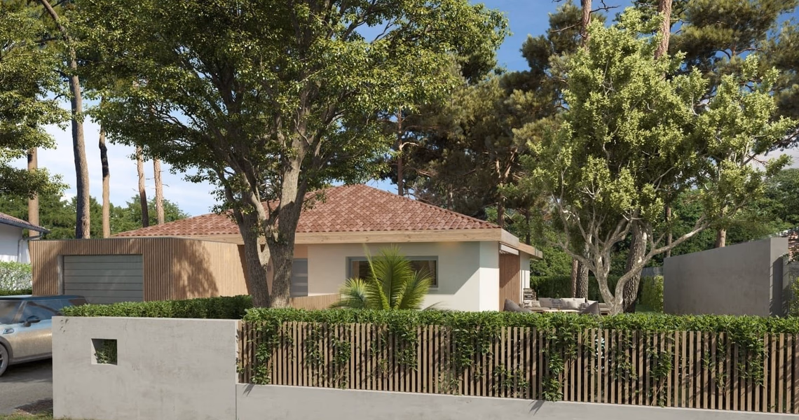 Façade d'une maison de plain-pied entourée d'arbres avec un muret en bois et béton.
