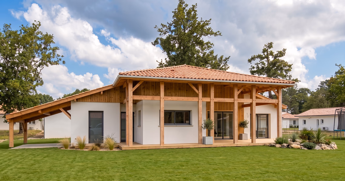 Façade de maison landaise contemporaine avec charpente bois apparente, terrasse et pelouse.