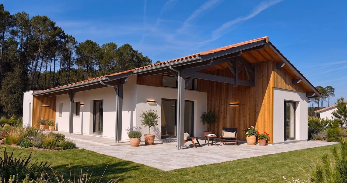 Maison de plain-pied moderne avec enduit clair et bardage bois, grande terrasse carrelée et pelouse.