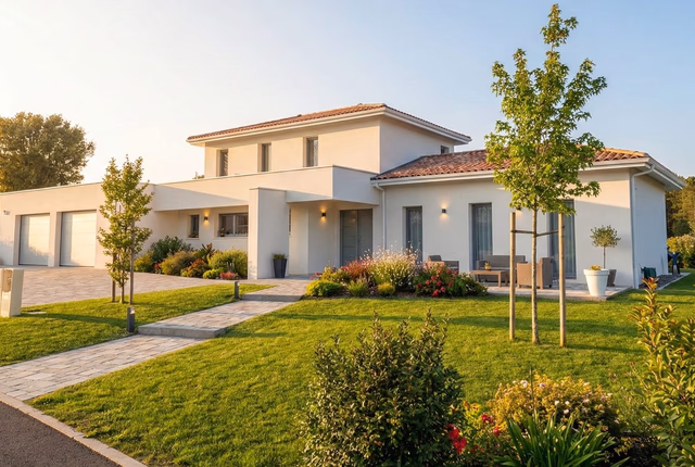 Grande villa d'architecte à étage aux murs blancs avec toiture en tuiles et aménagement paysager.
