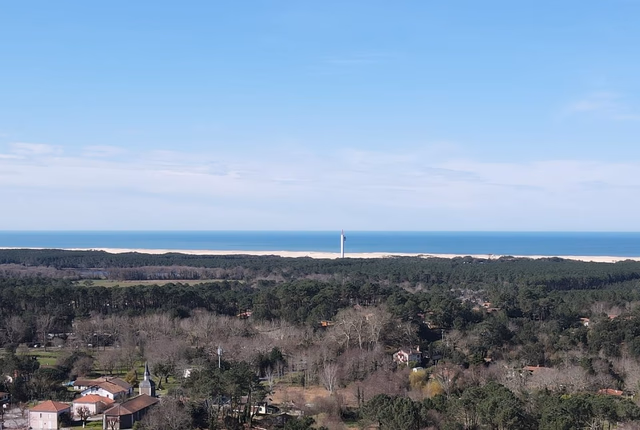Vue aérienne panoramique sur la forêt landaise, la dune de sable et l'océan sous un ciel bleu.
