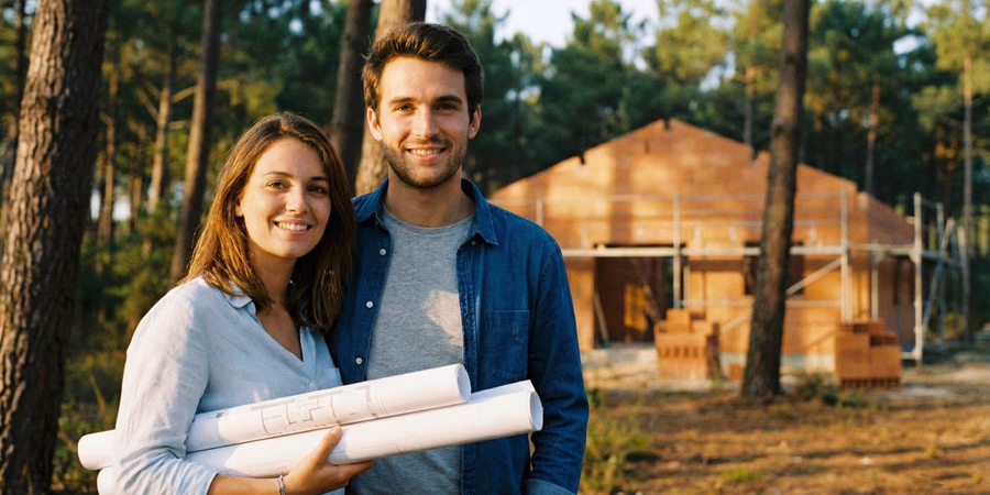 Couple serein consultant un plan de maison avec la garantie de livraison smabtp