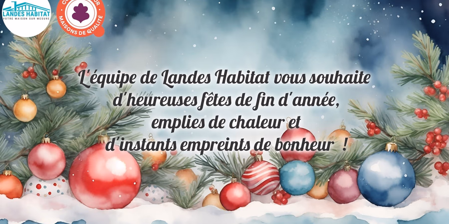 Carte de vœux de Noël illustrée de branches de sapin, de boules colorées et d'un texte de vœux.