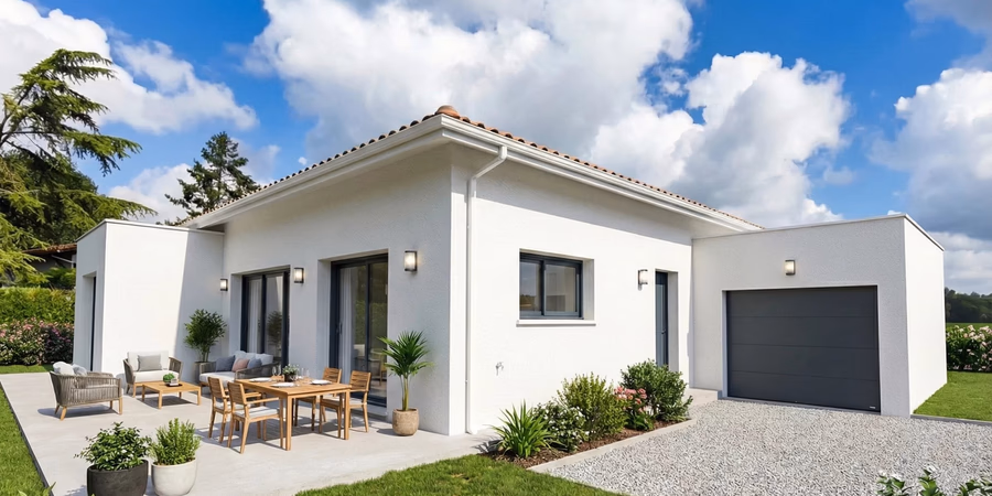 Extérieur d'une maison contemporaine de plain-pied construite à Saint-Geours-de-Maremne par Landes Habitat, avec terrasse aménagée et garage accolé