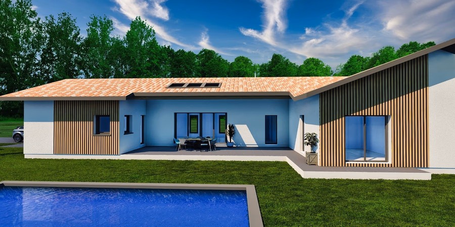 Maison moderne de plain-pied avec toiture en tuiles et bardage bois, dotée d'une piscine et d'un grand jardin.