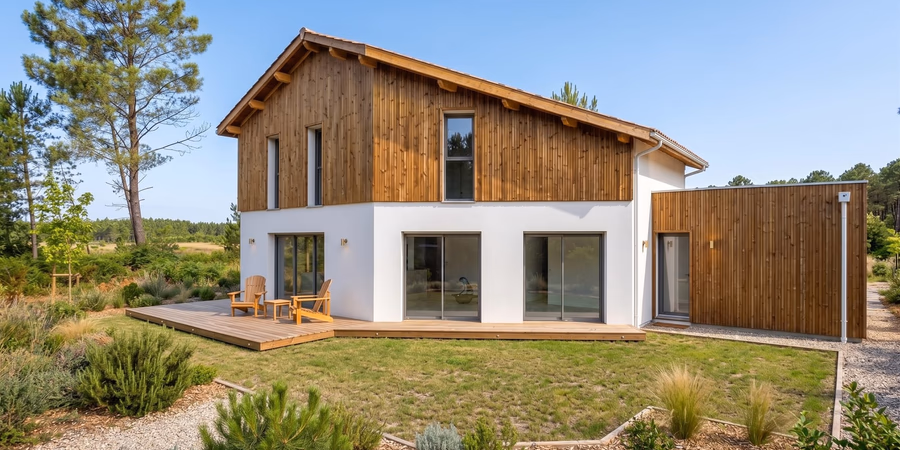 Maison moderne à deux étages avec crépi blanc, bardage bois vertical, grandes baies vitrées et terrasse en bois