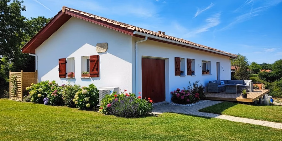 Maison individuelle de plain-pied avec terrasse en bois et jardin fleuri construite à Urcuit par Landes Habitat.
