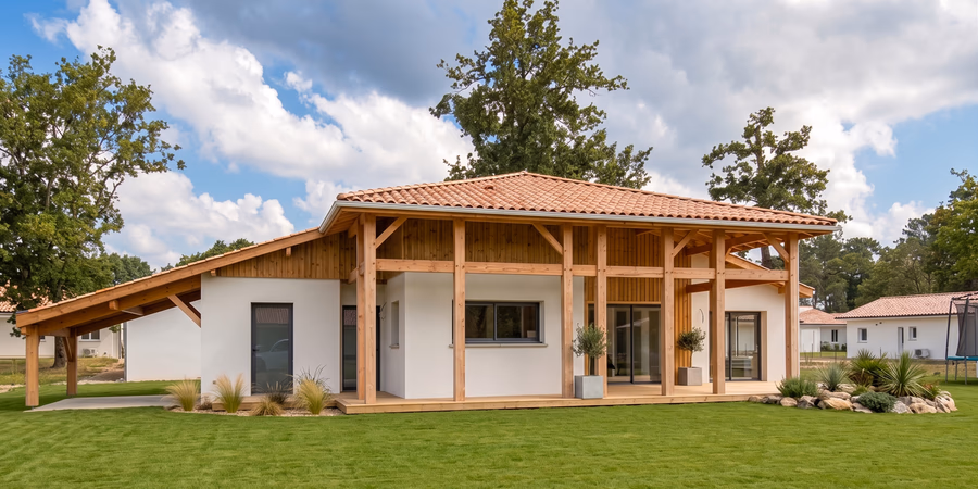 Façade d'une maison neuve plain-pied avec structure bois apparente et toiture traditionnelle construite à Castets.