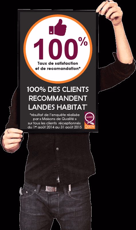 Un homme en chemise noire et jean tient une grande pancarte indiquant un taux de satisfaction de cent pour cent.
