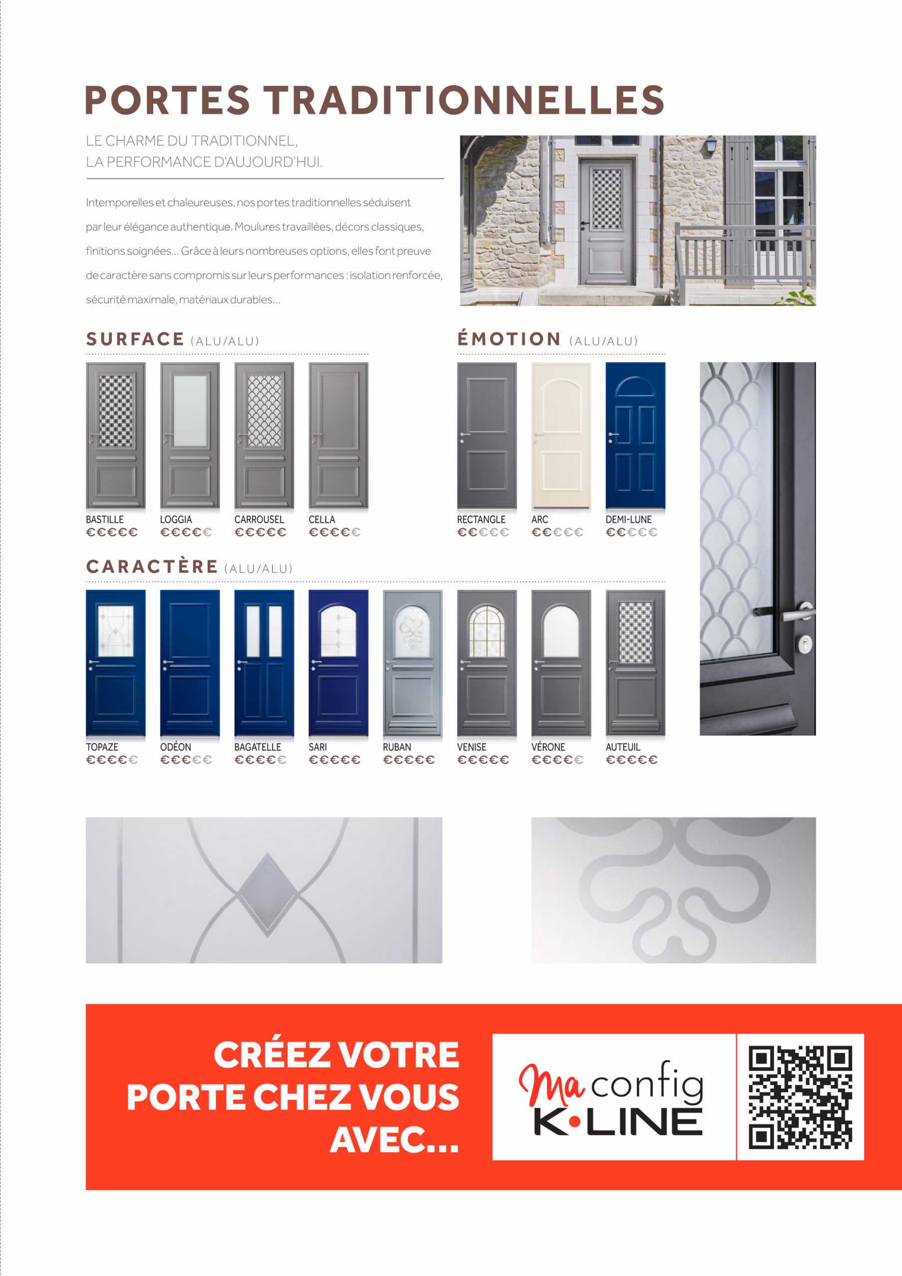 Catalogue portes traditionnelles K-LINE 2025, modèles Bastille, Topaze, Odéon.