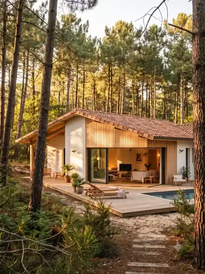 Maison de plain-pied en bois et enduit blanc au milieu des pins des Landes