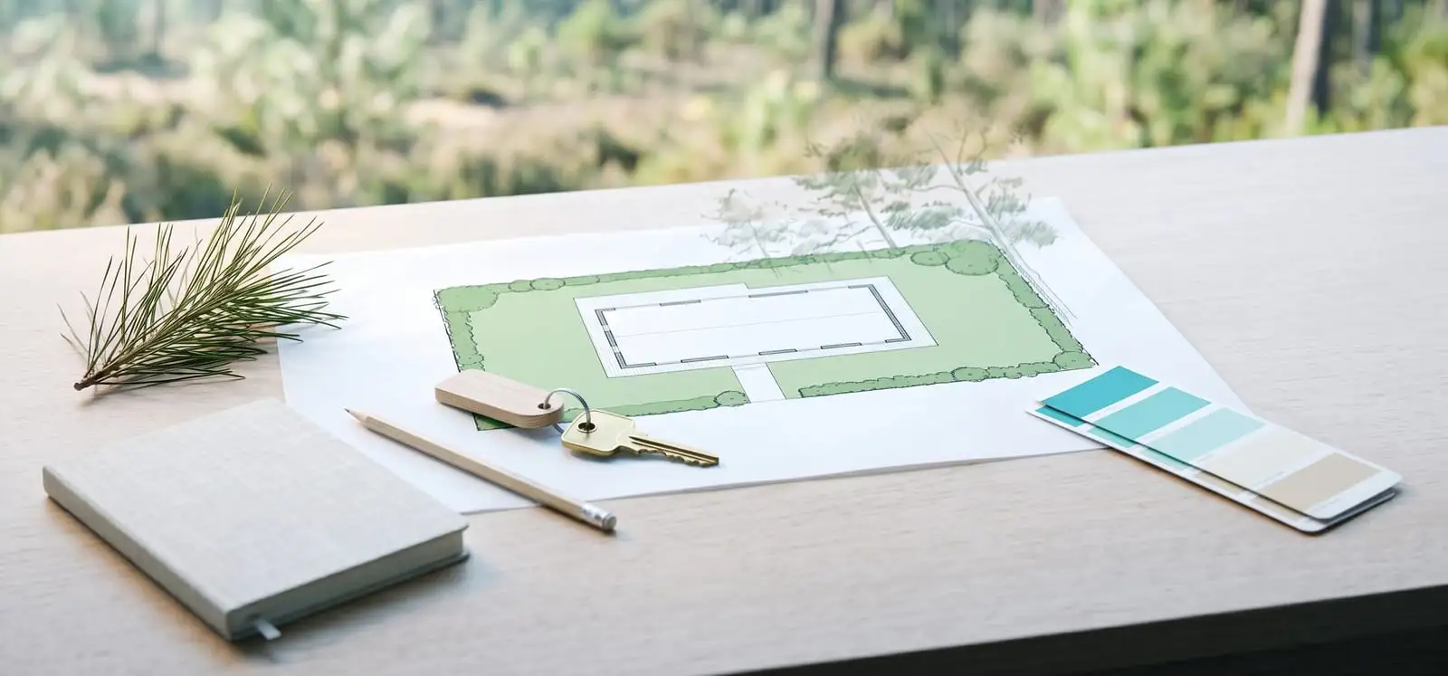 Plan de masse d'un terrain boisé, clé de maison et nuancier turquoise — projet de maison neuve accessible pour primo-accédants dans les Landes