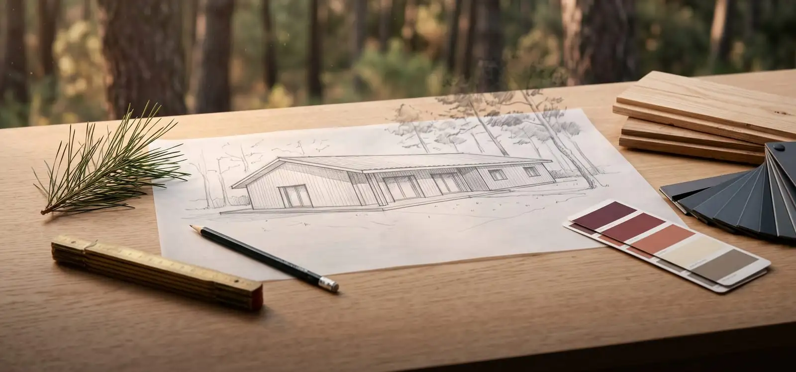 Croquis d'architecte d'une maison contemporaine dans la pinède landaise, nuancier bordeaux et échantillons de bois et menuiseries — conception sur mesure du bureau d'études Landes Habitat