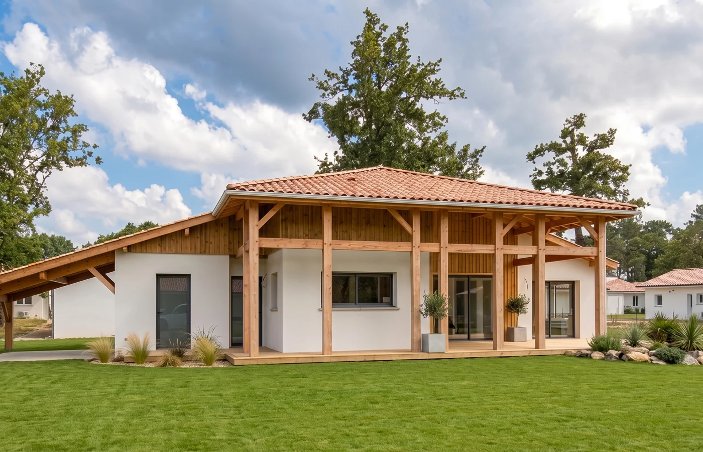 Façade d'une maison landaise contemporaine de plain-pied à charpente bois apparente construite par Landes Habitat à Castets