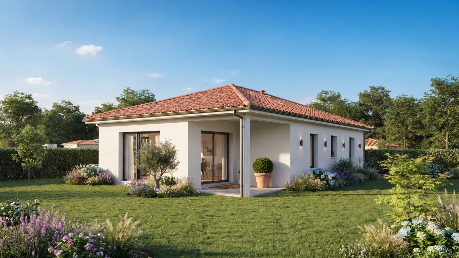 Maison neuve contemporaine de la gamme Airial par Landes Habitat dans un cadre arboré
