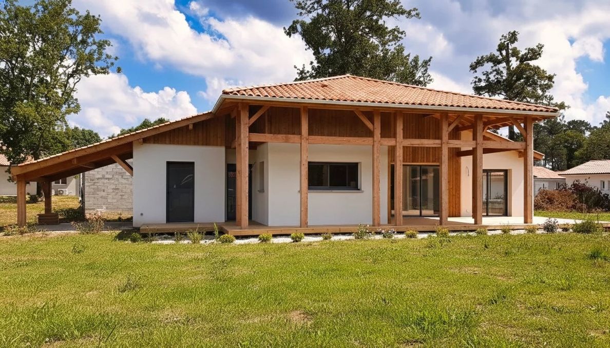 Façade d'une maison landaise contemporaine de plain-pied à charpente bois apparente construite par Landes Habitat à Castets (40)