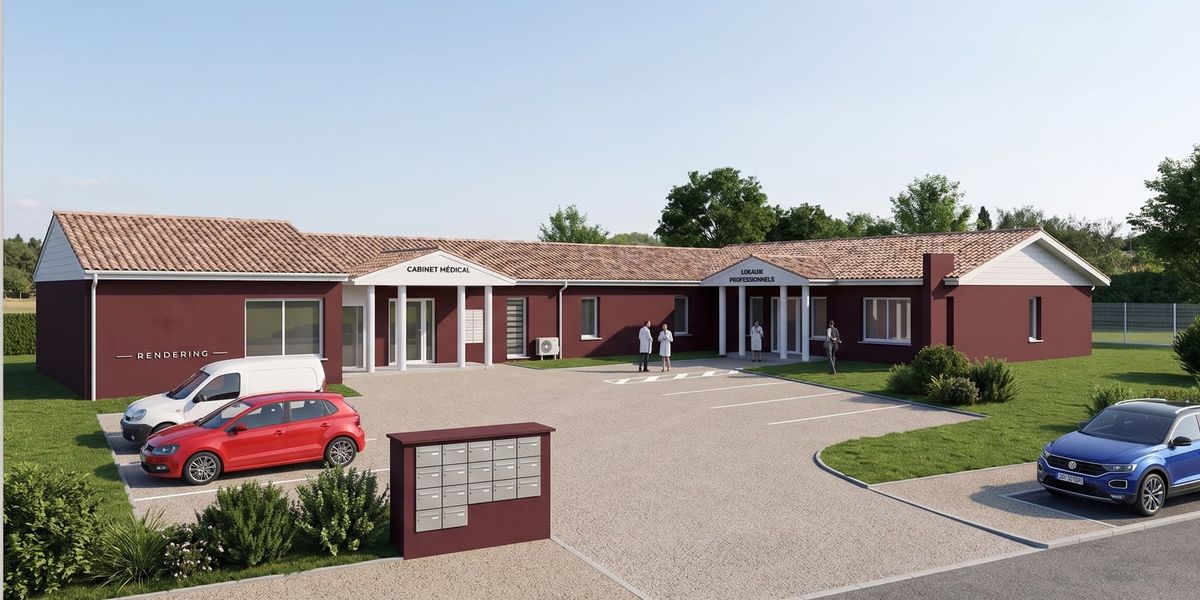 Rendu 3D d'un cabinet médical et de locaux professionnels à usage mixte construits par Landes Habitat dans les Landes