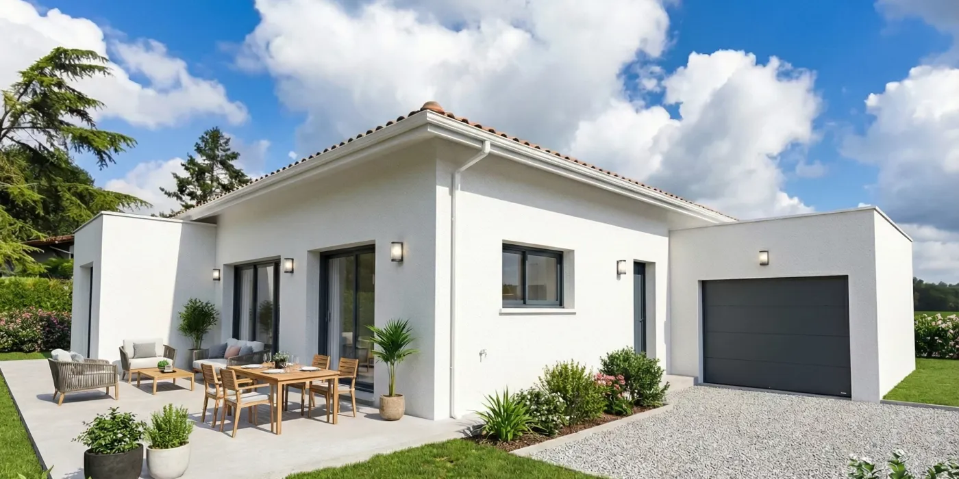 Extérieur d'une maison contemporaine de plain-pied construite à Saint-Geours-de-Maremne par Landes Habitat, avec terrasse aménagée et garage accolé