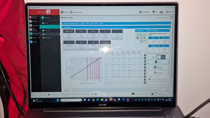 Écran de contrôle d’un test de perméabilité à l’air via le logiciel Infiltrea – résultat conforme RE2020