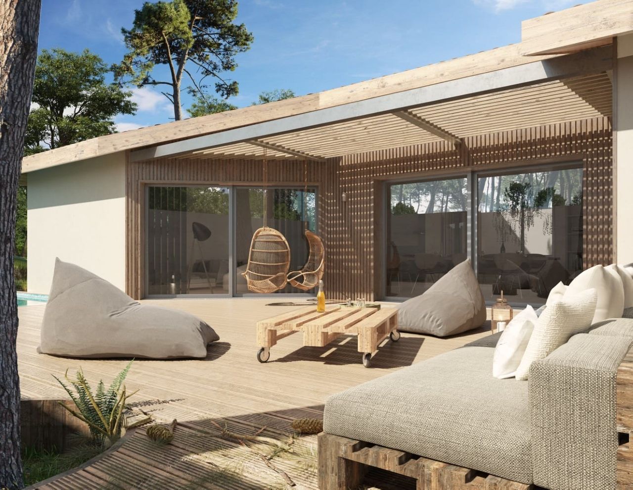 Terrasse en bois exotique et pergola bioclimatique pour maison moderne Landes Habitat.