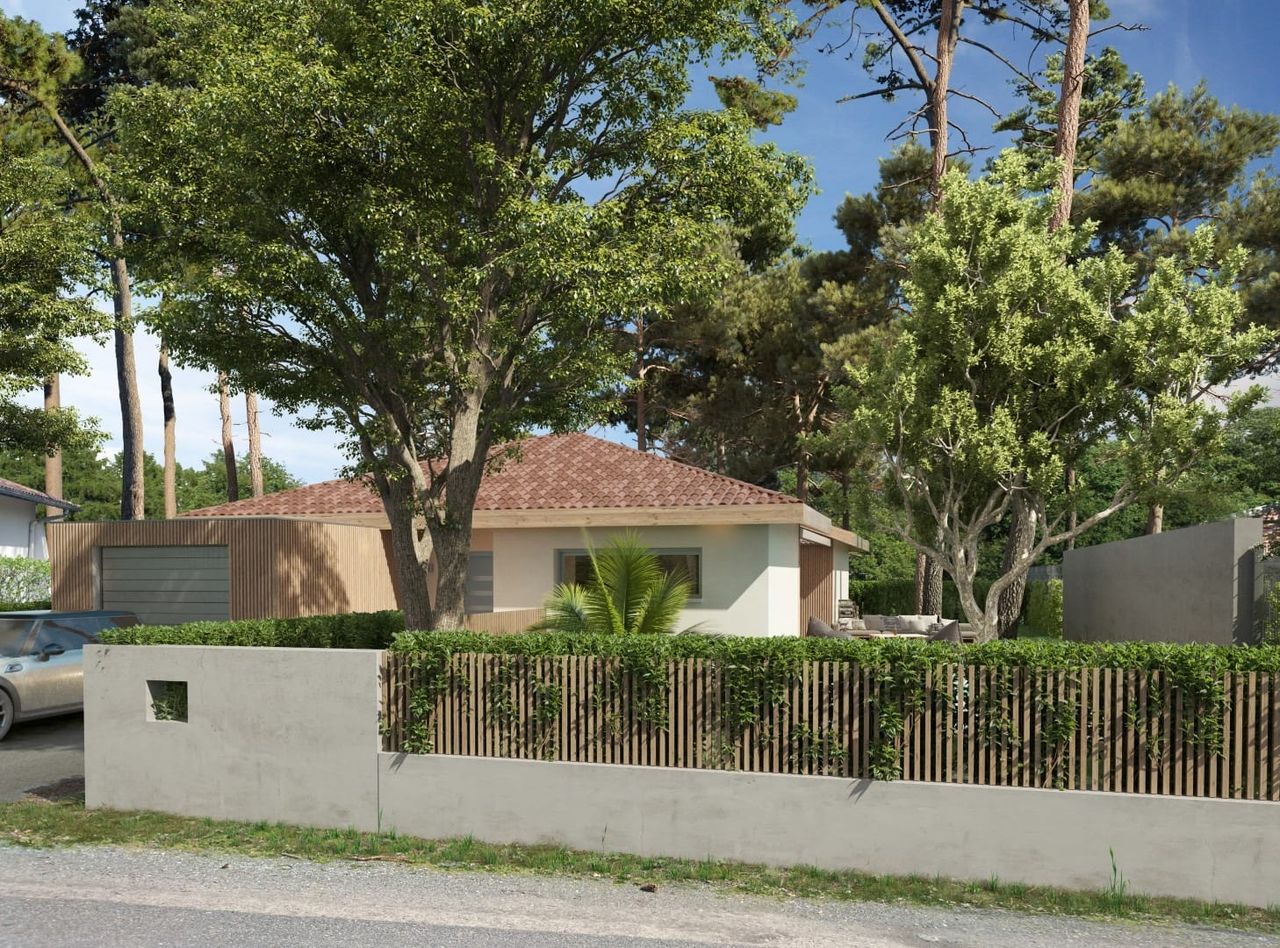 Façade extérieure de villa neuve, clôture bois ajouré et enduit, intégration paysagère