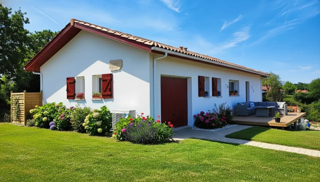 Maison individuelle de plain-pied avec terrasse en bois et jardin fleuri construite à Urcuit par Landes Habitat.