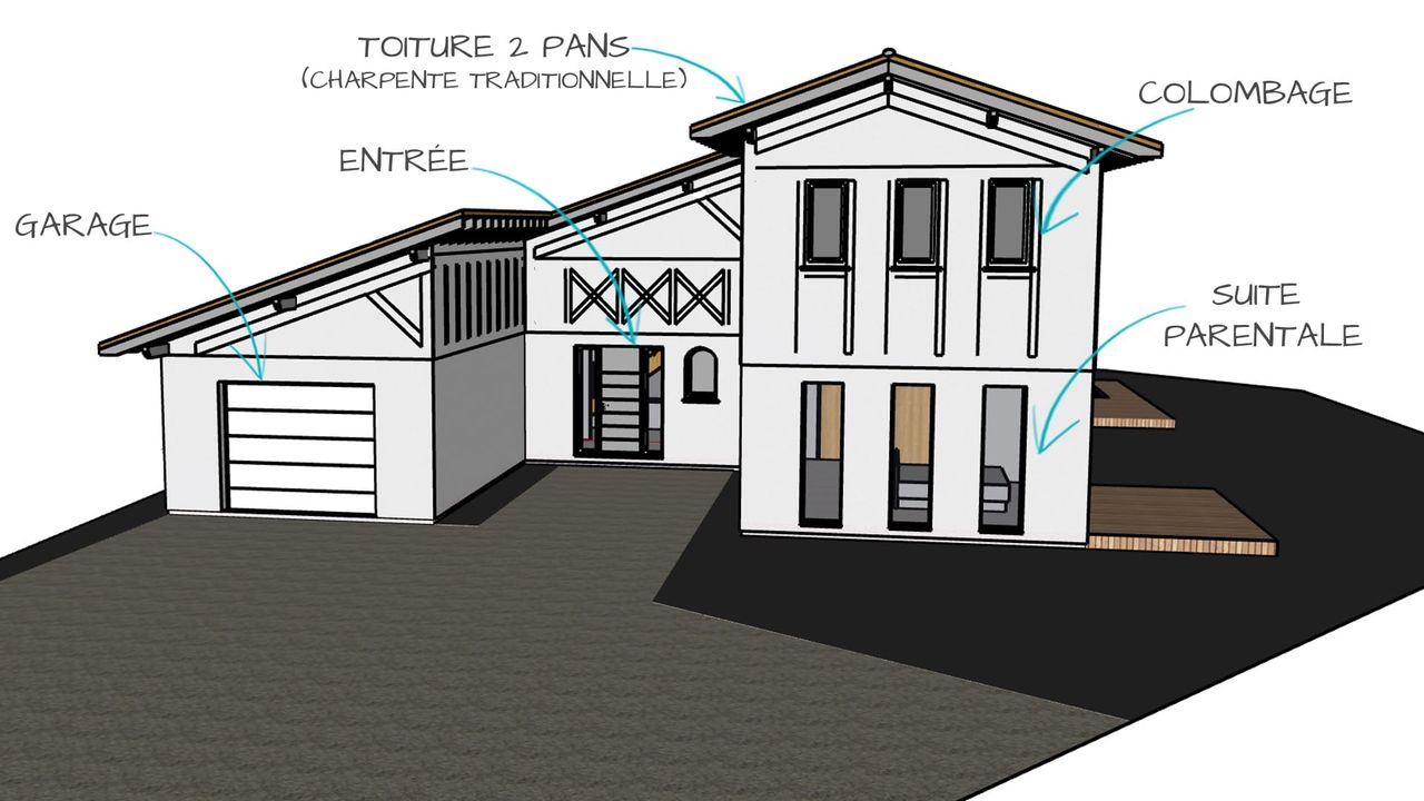 Vue 3D d'une maison landaise personnalisable conçue par Landes Habitat