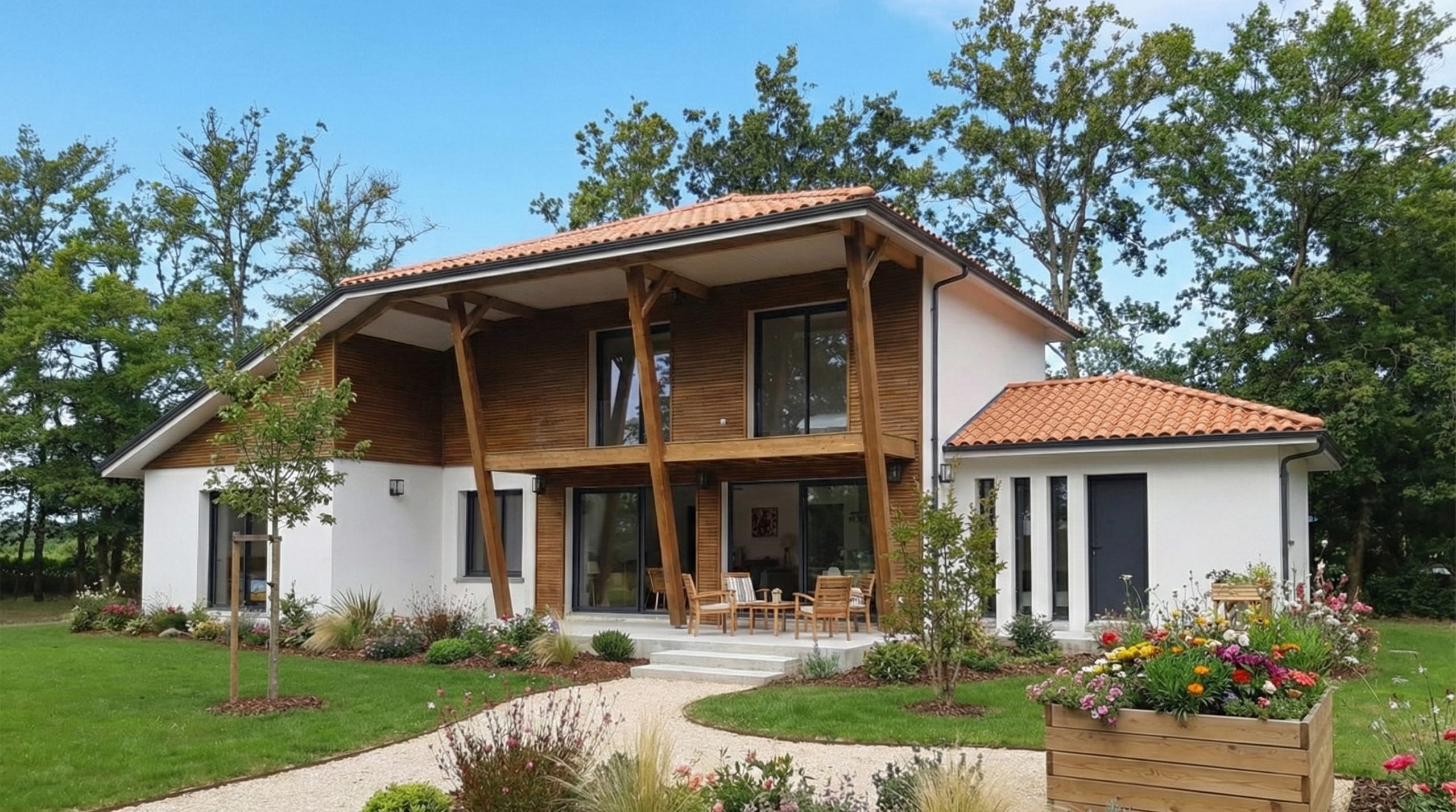 Façade d'une maison contemporaine lumineuse avec bardage bois et toiture traditionnelle construite à Gastes par Landes Habitat.
