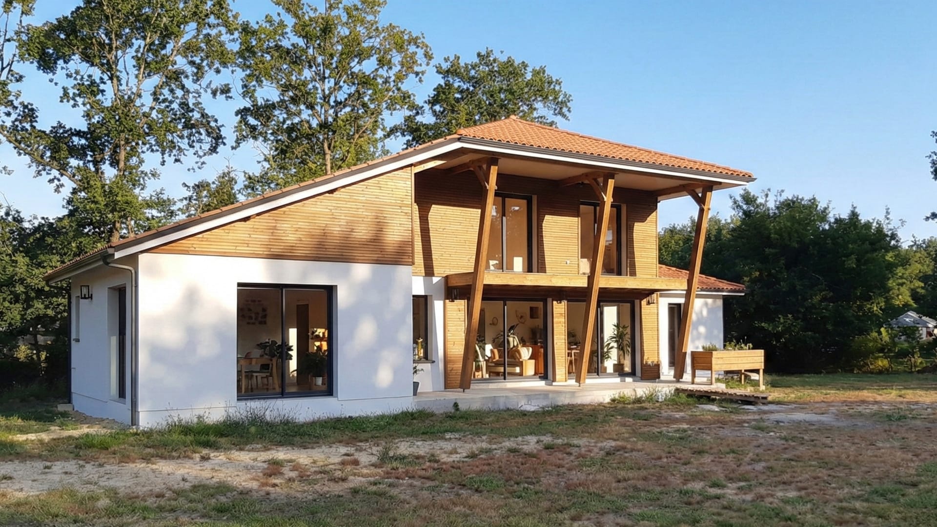 Gastes (40) : Une Réalisation Landes Habitat Alliant Architecture Moderne et Haute Performance Énergétique - Maison Landes Habitat Maison moderne avec terrasse bois construite par Landes Habitat à Gastes