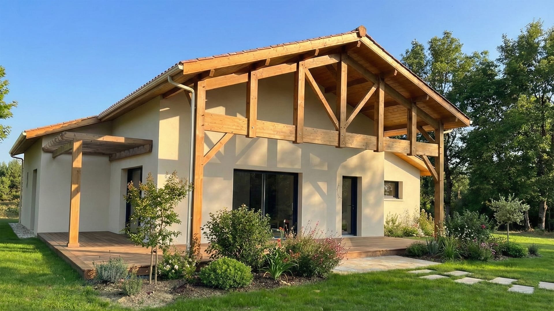 Façade d'une construction maison Saint-Paul-en-Born avec charpente apparente et tuiles Vieilli Gascogne.