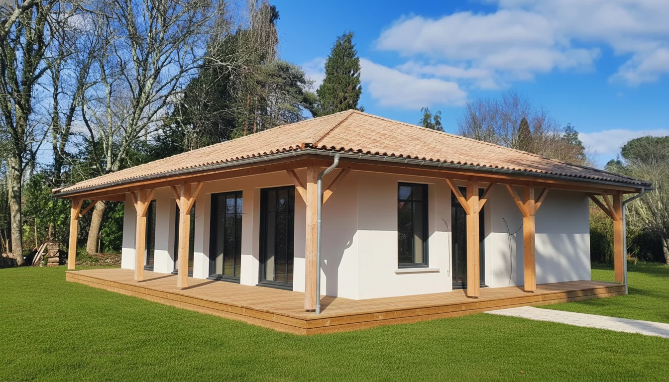 Maison neuve de plain-pied avec grande terrasse en bois construite à Mézos par Landes Habitat.